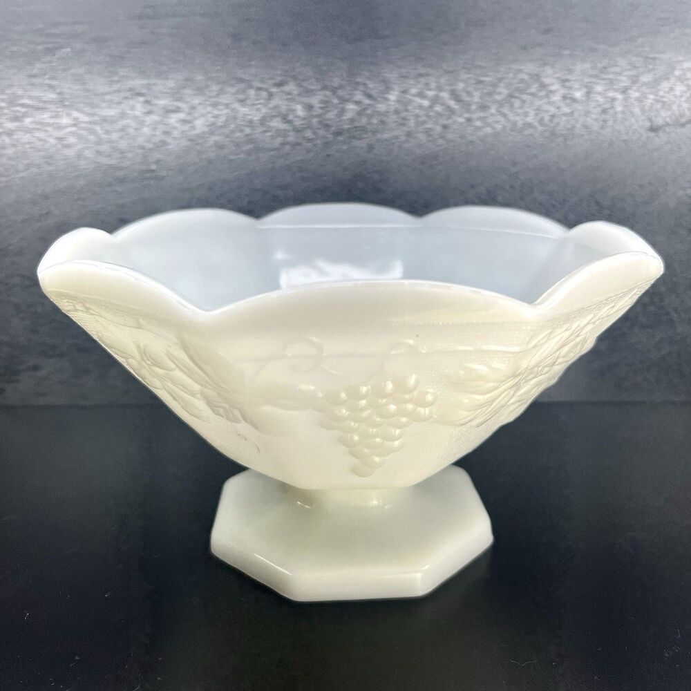 Anchor Hocking Milk Glass ~ 9”Footed Compote/Bowl w/ Grape Vine /Leaf Design VTG